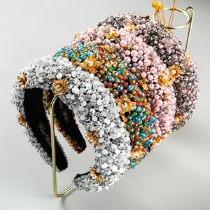 Customization OEM Wholesale Bling Bling Girls Hair Accessories Full Colorful Glass Beads Flower Beaded Hair Band For Women