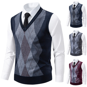 Autumn Winter Classic V Neck Sleeveless Casual Slim Fit Pullover Knitted Sweater <strong>Mens</strong> Argyle Knitwear Vest Tops - Product Image 1