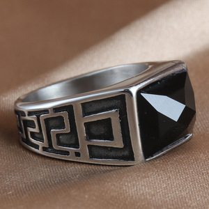 European American Style <b>Titanium</b> Steel <b>Black</b> Gemstone <b>Ring</b> Geometric Design Women's Punk Fashion Jewelry Gift 2709 - Product Image 3