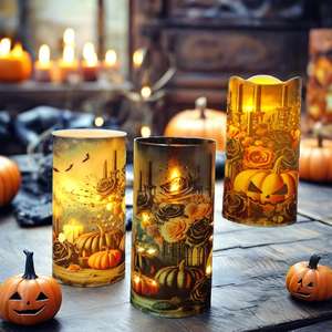 Halloween <span class=keywords><strong>LED</strong></span> Vintage Citrouille Chauve-Souris Bougie Trio Sans Flamme Pilier Bougies Ensemble de 3 avec Télécommande Scintillante - Product Image 2