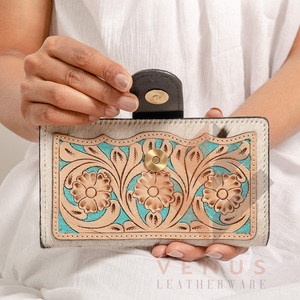 Hand Tooled Carving Wallet Clutch <b>Phone</b> Case Stylish Cowhide Fur Leather New Design Wallet Multi Uses Western Leather Wallets - Product Image 4