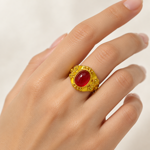 <b>Vintage</b> <b>Gold</b> Plated Cocktail <b>Ring</b> With Oval Natural Ruby Bezel Setting Unisex Wedding Engagement Jewelry - Product Image 5