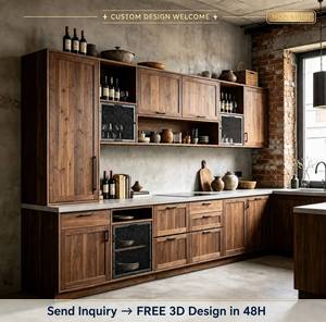 Gabinetes de Cocina Rústicos Industriales de Nogal <span class=keywords><strong>Personalizados</strong></span> con Puertas de Malla Metálica |   OEM ODM |   Cantidad mínima de pedido: 1 unidad |   Diseño 3D Gratuito en 48h - Product Image 1