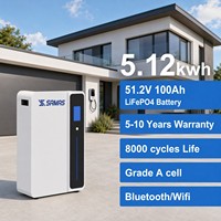 SAMAS Batería de Pared LiFePO4 de 5.12kWh 51.2V 100Ah, Sistema de Almacenamiento de Energía para el Hogar, 8000 Ciclos, Certificación CE y UL, 5 Años de Garantía