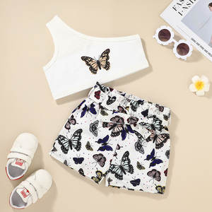 Conjuntos de Ropa para Niñas, Conjunto Sexy con Hombro Oblicuo y Estampado de Mariposas, Pantalones Cortos de Algodón, Ropa para Niñas - Product Image 1