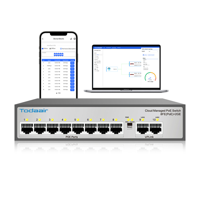 Todaair Smart PoE Switch Cloud Managed 8 Port 100M with 2GE Port Support APP Control Switch for CCTV Network Solution