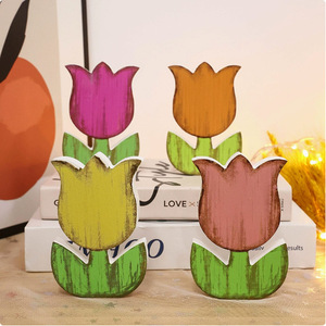 Adorno de madera con forma de tulipán, 4 piezas, diseño rústico para decoración del hogar en primavera, sala de estar, regalo artesanal de Pascua - Product Image 1