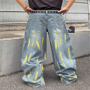 Vaqueros de mezclilla azul lavado <span class=keywords><strong>con</strong></span> estampado de pinceladas amarillas y detalles de salpicaduras de pintura, de pierna ancha, cintura alta, transpirables, para verano. - Product Image 4