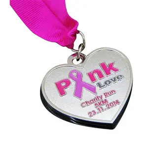 Wholesale Cheap Custom Pink ribbon Zinc Alloy 3D Gold Metal Award Marathon Running Sport Medal Ribbon