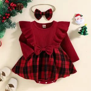 Kırmızı noel ekose bebek giyim Romper sıcak kış uzun kollu noel kutlamak bebek giysileri