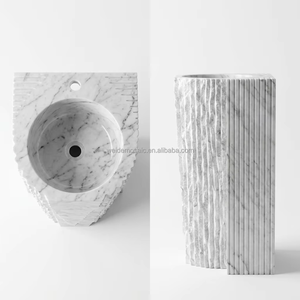 <span class=keywords><strong>Lavabo</strong></span> sur colonne texturé en marbre blanc de Carrare côtelé de qualité supérieure pour grossistes en équipements de salle de bain de luxe - Product Image 2