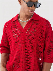 T-shirt tricoté personnalisé été printemps <span class=keywords><strong>maille</strong></span> évider <span class=keywords><strong>pull</strong></span> au Crochet manches courtes col en v tricot chemise au Crochet hommes - Product Image 3