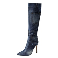Bottes hautes en jean sexy pour femme, style cowboy, à talons hauts, avec logo personnalisé, nouvelle collection automne-hiver, effet délavé, avec poches, pour soirée
