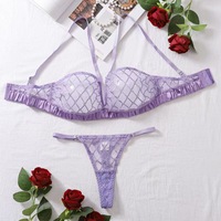 Ensemble de lingerie sexy pour femme en satin violet lavande, dentelle et tissu gaufré, soutien-gorge et culotte non-tissée, nouvelle arrivée, révélateur