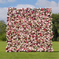 Backdrop Dinding Bunga Merah Emas dan Ivory NINI Champagne 8ft X 8ft dengan Mawar Sutra Mewah dan Peony untuk Pernikahan Formal Klasik