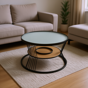 Tavolino da Caffè Moderno Rotondo con Piano in Vetro Satinato, Ripiano in Legno e Struttura in Ferro per Soggiorno - Product Image 2