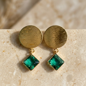 Antique <b>Gold</b> Plated Brass Drop <b>Earrings</b> With Green Crystal Princess Cut Geometric <b>Dangle</b> For Women Party Vintage Style - Product Image 3
