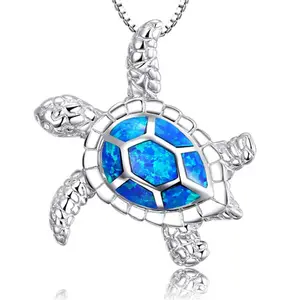 Classical Blue Imitate Opal Sea Turtle Butterfly Animal Pendant Necklace for Women Female Animal Wedding Ocean Beach Jewelry