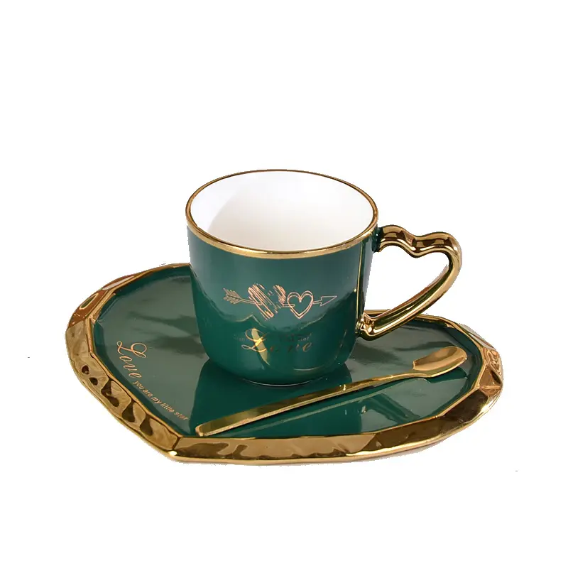 Zogifts gold plated heart shape handle tea cups saucer sets irregular nordic ceramic coffee mugs with tray and spoon