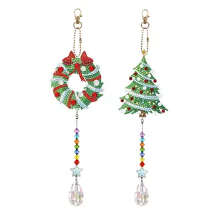 Pintura de diamante de Natal Suncatcher, sinos de vento pintados de diamante DIY 5D, ornamento de suspensão com pingente de cristal com pedras preciosas de diamante