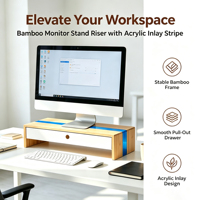 Support d'écran en bambou avec incrustation acrylique, organiseur de bureau multifonctionnel avec tiroir, support d'écran pour ordinateur portable pour la maison et le bureau