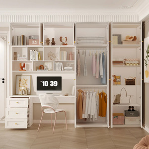 Armoire blanche crème française avec <span class=keywords><strong>bureau</strong></span> intégré, placard et unité <span class=keywords><strong>d</strong></span>'étude avec étagère, mobilier de chambre tout-en-un - Product Image 3