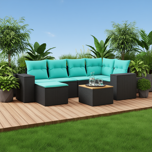 Set Divano da Esterno Moderno in Polyrattan Nero 7 Pezzi con Cuscini Design Contemporaneo - Product Image 2