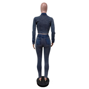 Fashion Splicing Gegolfde Zak Stretch Denim Jassen En Strakke Jeans Broek Casual 2 Delige Set Vrouwen Denim Outfits - Product Image 3