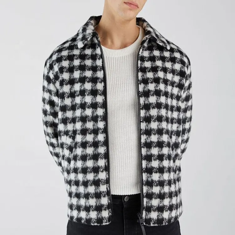 custom mens excellent cut plaid wool coat houndstooth print short in grey checked parka bomber jacket