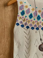 Débardeur en maille ethnique pour femme, été 2026, col en V, sans manches, maille ajourée, 100 % polyester, imprimé géométrique, style bohème