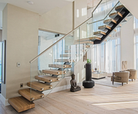 Escalier flottant commercial personnalisé, escaliers en bois, garde-corps en verre autoportant, balustrade en alliage d'aluminium pour l'intérieur de la villa