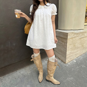 Robe Babydoll en Dentelle Couleur Unie à Taille Naturelle pour Fille, Tissu Texturé, Col Rabattu, Coupe Évasée, Mini, Manches Courtes, Respirante - Product Image 3