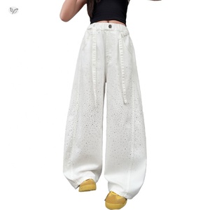 Pantalon à jambes larges pour filles, décoré de strass, en mélange de coton fin anti-moustiques, pour grandes filles, vêtements d'été - Product Image 5