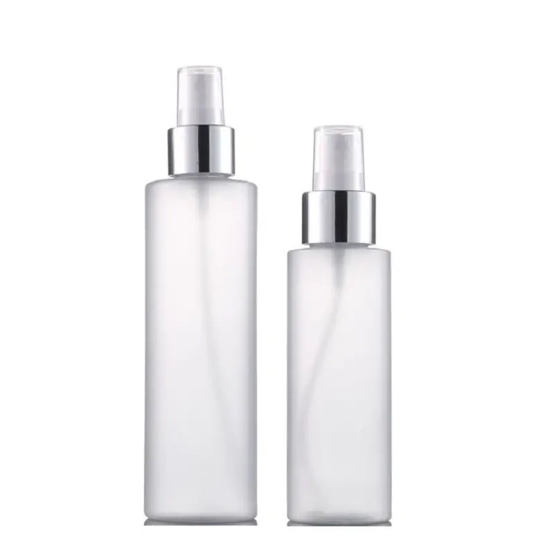 Flacone Spray per nebbia 100ML 150ML 200ML gelo plastica PET collare argento lucido spalla piatta bottiglia di imballaggio cosmetica riutilizzabile vuota