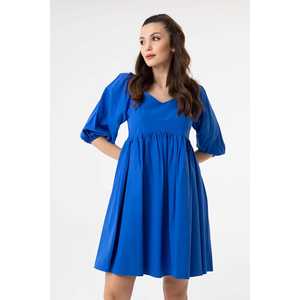 เดรสสั้นทรงเอ คอวี แขนพอง เอวสม็อค ผ้าทอระบายอากาศ สไตล์เรียบง่าย สีฟ้า สำหรับผู้หญิง ใส่สบายๆ ในชีวิตประจำวัน - Product Image 1