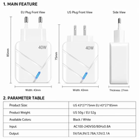 Chargeur rapide pour téléphone 40W à double port USB-A et Type-C, prise EU/US, indicateur LED, circuit intelligent, multiprotection, logo personnalisé, directement de l'usine