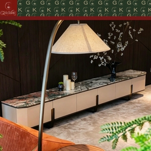 Console <span class=keywords><strong>TV</strong></span> GOLDKING moderne pour salon, marbre rose quatre saisons, panneaux crème, poignées noir et or, conception personnalisée OEM, modèle 3D CAD - Product Image 3