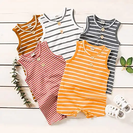 Unisex çizgili rahat kolsuz bebek Romper yaz yürümeye başlayan organik pamuk bebek Bodysuit tulum