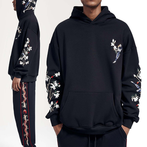 Sudadera con Capucha KingSen Personalizada de Alta Calidad para Hombre, 100% Algodón, Bordado Floral de Aves, Hombros Caídos, Corte Holgado, Informal - Product Image 1