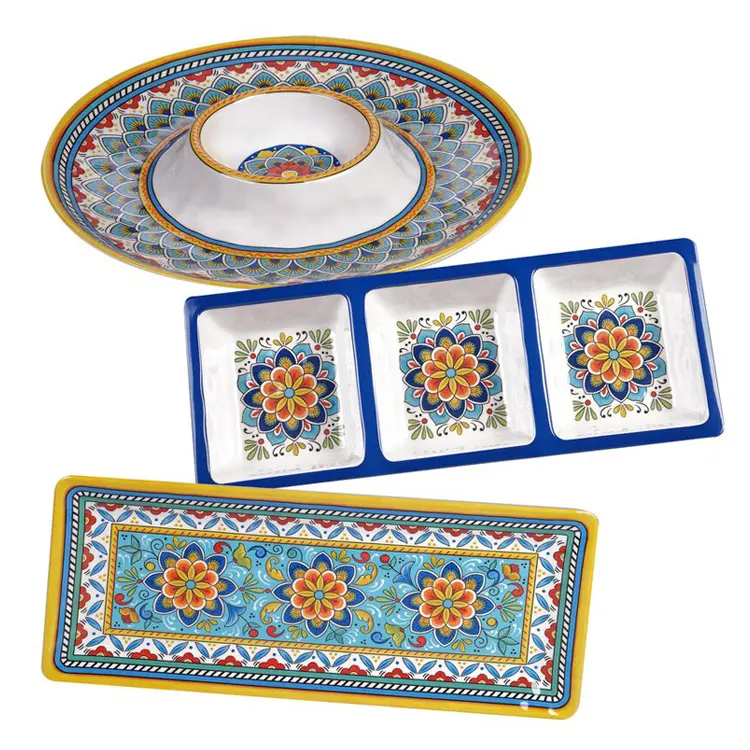 Platos postres plastico decorativosチップディップフィエスタトレイ、3個セットチップディップメラミン分割アラブサービングディッシュ