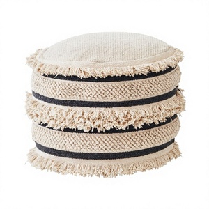 Cotton/<b>Wool</b>/Polyester Pouf Ottoman Black Stripes Fringe Scandinavian Design Handcrafted for Living Room Multi-Functional Decor - Product Image 1
