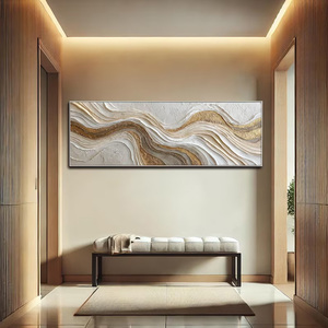 Peinture abstraite en plâtre à effet vague sur toile, grande, longue et large, blanche, or, argent, texturée, art mural panoramique de luxe avec feuille d'or - Product Image 4