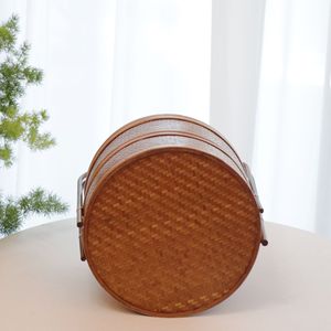 Handmade Double Layer <b>Bamboo</b> Basket Round Storage Box For Living Room Tea Set Food <b>Container</b> Gift Woven Basket - Product Image 4