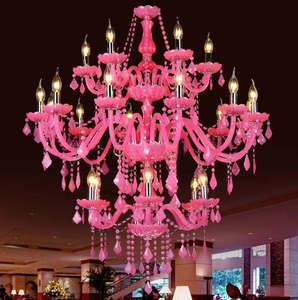 Lustre en cristal rose de style européen, lustre en acrylique rose avec gouttes de cristal et abat-jour en tissu pour l'éclairage de chambre à coucher - Product Image 4