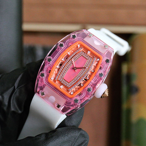 Premium Fashion Tonneau <b>Watch</b> Pink Crystal Construction with Diamond Dial and White <b>Rubber</b> Band - Product Image 2