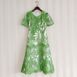 2025 verano nueva pasarela <span class=keywords><strong>moda</strong></span> mujer cuello redondo manga corta bordado punto cintura vestido de longitud media - Product Image 5