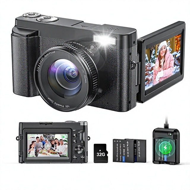 4K 48MP Digital Camera for Beginners Teens 3'' Flip Screen 16X Optical Zoom 32G Card Battery Charger Easy Use CMOS Sensor
