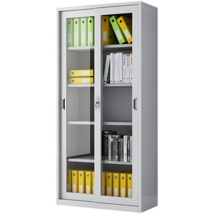 Armario de almacenamiento de libros de acero con cerradura, cuatro estantes de puerta de vidrio deslizante - Product Image 1