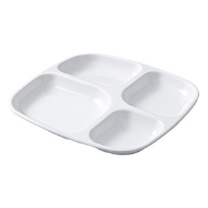 Plato dividido de cuatro compartimentos de melamina blanca, apto para microondas, bandeja de servir para uso en cafeterías escolares. - Product Image 1
