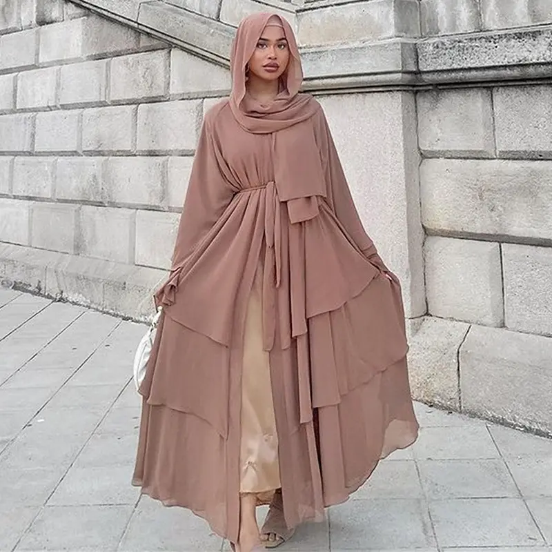 Chiffon Open Abaya Layered Women Kaftan Dubai Luxury Turkey Muslim Dress Islam Robe African Kimono Femme Clothing Caftan Fashion